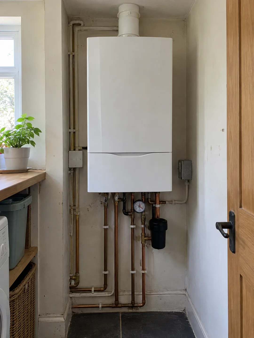 Illustration of a closed domestic boiler in a utility cupboard