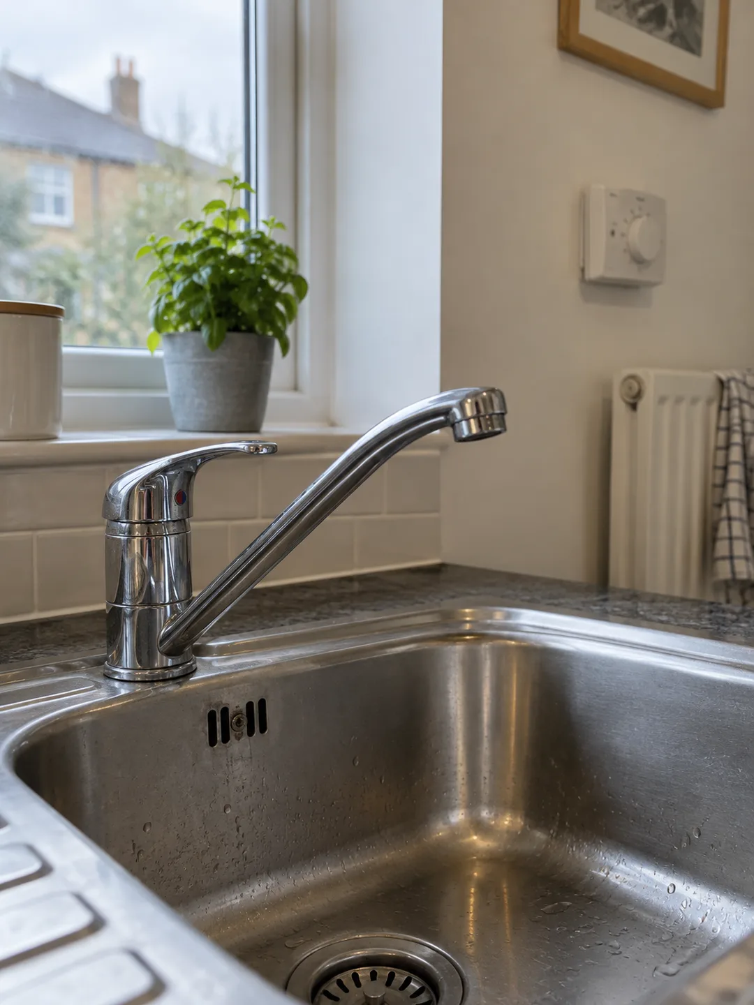 Illustration of a kitchen tap with heating controls in the background