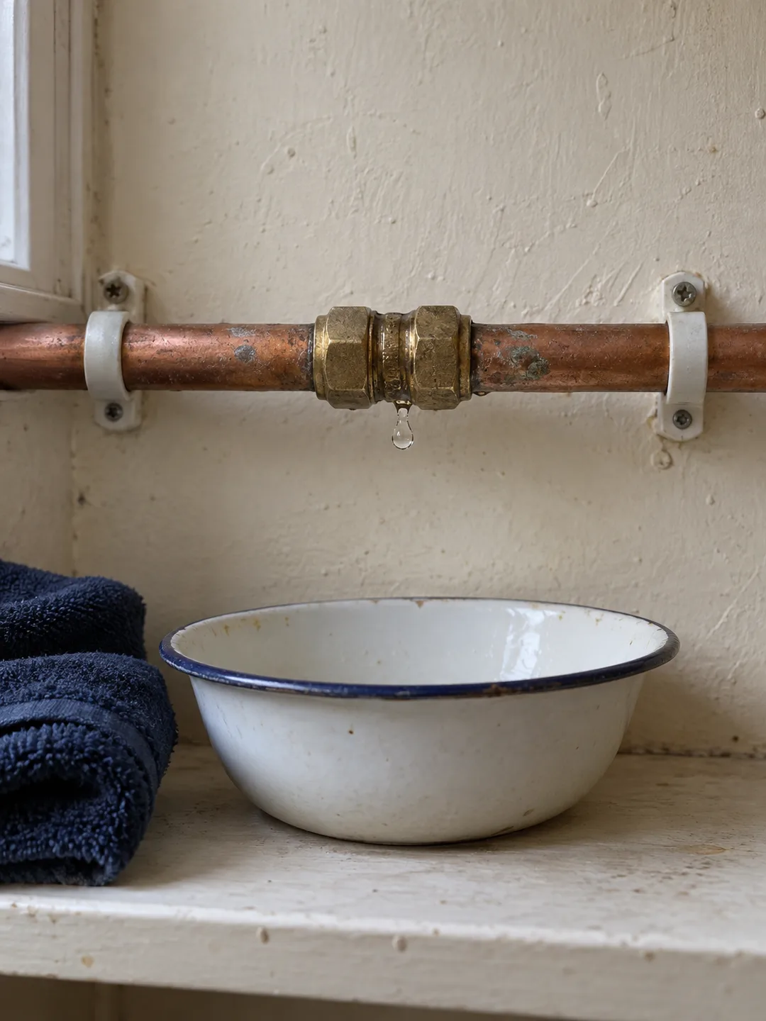 Illustration of a dripping copper pipe joint with a bowl beneath